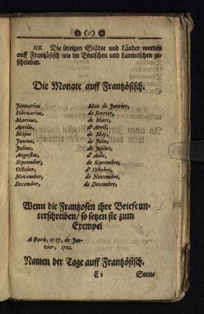 Namen der Tage auf Frantzoesisch