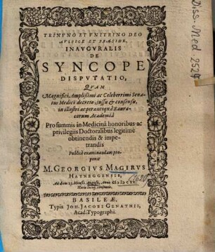 Inavgvralis De Syncope Dispvtatio