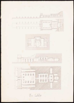 Felsentempel im Wadi es-Sebua (»Tal der Löwen«): wie Inv.Nr. 44830,2: Gesamtgrundriss und Gesamtschnitt der Anlage von Ramses II, Grundriss und Schnitt des Hemispeos