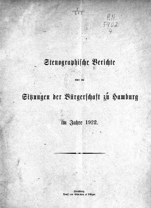 1922: Stenographischer Bericht über die ... Sitzung // Bürgerschaft der Freien und Hansestadt Hamburg