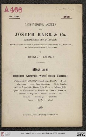 Nr. 466: Lagerkatalog / Josef Baer & Co., Frankfurt a.M.: Miscellanea