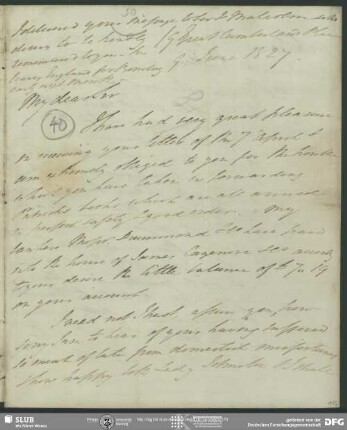 Eigenh. Brief von Alexander Johnston an August Wilhelm von Schlegel, London, 09.06.1827