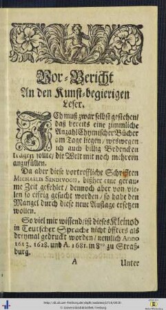 Vor-Bericht An den Kunst-begierigen Leser.