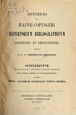 Appendices ad Hainii-Copingeri repertorium bibliographicum : Additiones et emendationes, 8