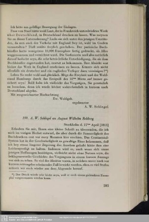 August Wilhelm von Schlegel an August Wilhelm Rehberg, Stockholm, 17.04.1813