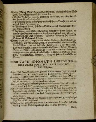 Libri Varii Idiomatis Philosophici Historici Politici, Arithemtici Classici, etc.