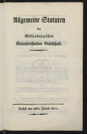Allgemeine Statuten der Meklenburgischen Naturforschenden Gesellschaft