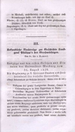 III. Urkundliche Nachträge zur Geschichte Landgraf Philipp's des Großmüthigen.