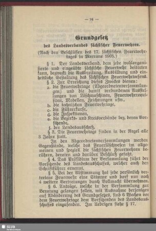 Grundgesetz des Landesverbandes sächsischer Feuerwehren : (nach den Beschlüssen des 17. sächsischen Feuerwehrtages in Meerane 1905)