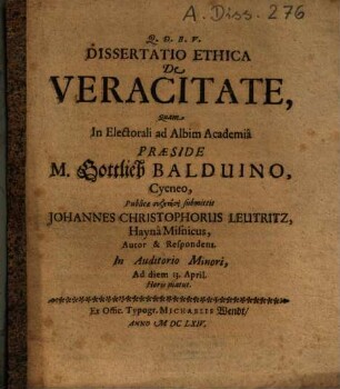 Dissertatio Ethica De Veracitate