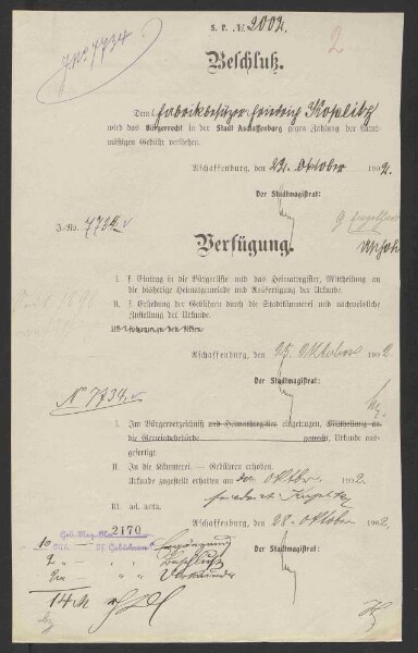 Ausstellung eines Verehelichungszeugnisses an den in Frammersbach
                     wohnenden Kaufmann Joseph Friedrich Koplitz - Verehelichung mit der
                     Restaurateuerstochter Anna, geb. Weisberger, aus Frankfurt / Main, 1898,
                     Verehelichung mit der Metzgermeisterstochter Amalie Katharina, geb.
                     Immerschitt, aus Aschaffenburg, 1902, Bürgerrechtsverleihung, 1902