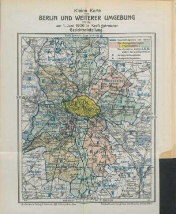 Karte: Kleine Karte von Berlin und weiterer Umgebung mit der am 1. Juni 1906 in Kraft getretenen Gerichtseinteilung