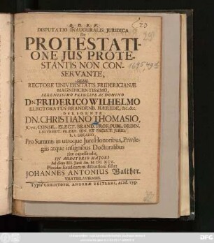 Disputatio Inauguralis Iuridica De Protestatione Ius Protestantis Non Conservante
