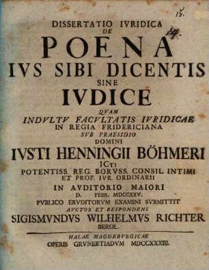 Dissertatio Ivridica De Poena Ivs Sibi Dicentis Sine Ivdice