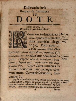Dissertatione Inavgvrali differentias iuris Romani & Germanici In Dote Et Donatione Propter Nvptias, Heurath-Gut und Gegen-vermächtnüs