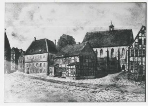 Schülerstraße um 1832 mit Augustinerkloster, Aquarell von A. Eberth. Schülerstraße, Detmold. Sammlung Starke