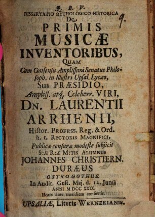 Diss. mythol. hist. de primis musicae inventoribus