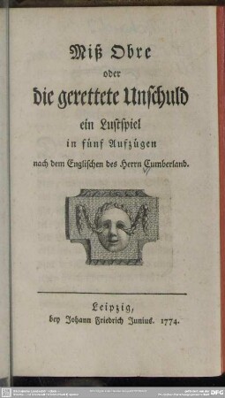 Miß Obre oder die gerettete Unschuld : ein Lustspiel in fünf Aufzügen