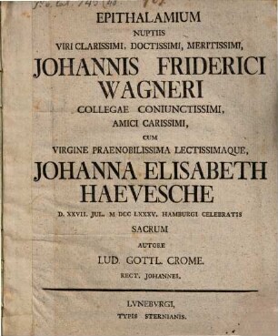 Epithalamium nuptiis V. Cl. J. Frid. Wagneri ... sacrum