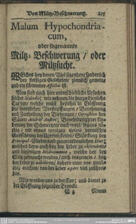 Malum Hypochondriacum, oder sogenannte Miltz-Beschwerung, oder Miltzsucht