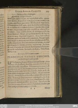 Epist. XV. Cameracum. Francisco Vaoder Burchio, Archiepiscopo Cameracensi.