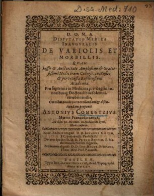 Dispvtatio Medica Inavgvralis De Variolis Et Morbillis