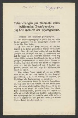 Erläuterungen zur Auswahl eines bestimmten Berufszweiges auf dem Gebiete der Photographie