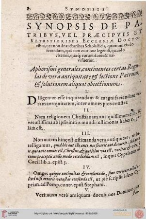 Synopsis De Patribus, Sive Praecipuis Et Vetustioribus Ecclesiae Doctoribus