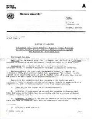Kopie eines Protokolls der UN-Vollversammlung zu einer Resolution der DDR und anderer Staaten zur Palästina-Frage