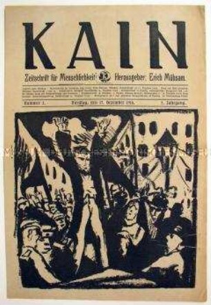 Linke Wochenzeitung "Kain" mit Titelzeichnung und Textbeiträgen zum Verlauf der Revolution