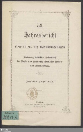 53.1894: Jahresbericht des Vereins Ev.-Luth. Glaubensgenossen zur Förderung Christlicher Erkenntnis im Volke und Ausübung Christlicher Armen- und Krankenpflege