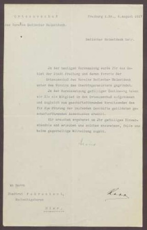 Ernennung von Constantin Fehrenbach zum Vorsitzenden des Ortsausschusses des Vereins der Badischen Heimatbank