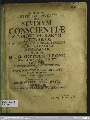 Dissertatio Moralis Qua Studium Conscientiae Studioso Sacrarum Literarum