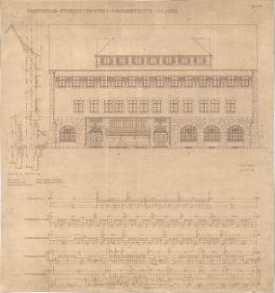 Fischer, Theodor; Friedrichshafen; Postgebäude - Nordostseite (Ansicht); Mauer (Schnitte)