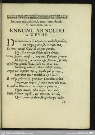 Generis antiquitate, & natalium splendore nobilissimo juveni. Ennoni Arnoldo à Weyhe