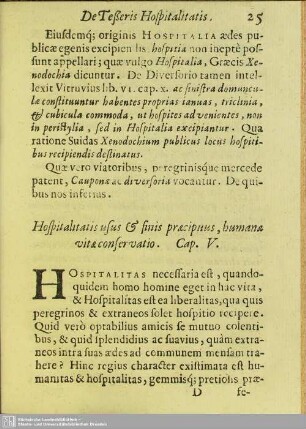 Cap.V. Hospitalitatis usus & finis precipuus, humana viteconservatio