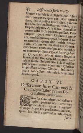 Caput VI. Differentiae Juris Canonici & Civilis, quae Libro primo Decretalium occurrunt.