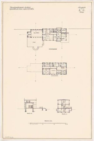 Gymnastikschule am See Monatskonkurrenz Dezember 1932: Grundriss Erdgeschoss, Obergeschoss, 2 Querschnitte 1:200; Maßstabsleiste
