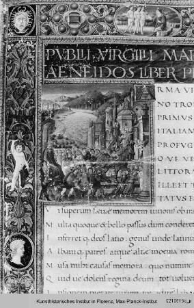 Vergil: Aeneis : Folio mit Randbordüre, eingeschlossenem Sassettiwappen, Text und Miniatur mit der Darstellung des Falls von Troja