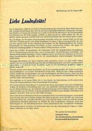 Offener Brief der Nationalen Front Bad Doberan an Bürger der Bundesrepublik im Vorfeld der Bundestagswahl 1957