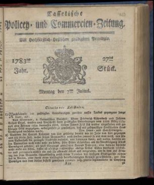 27tes Stueck, Montag den 7ten Julius. 1783