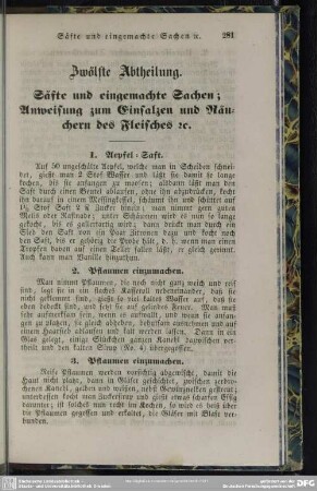 Zwölfte Abtheilung. Säfte und eingemachte Sachen, Anweisung zum Einsalzen und Räuchern des Fleisches [et]c.