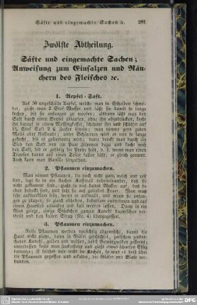 Zwölfte Abtheilung. Säfte und eingemachte Sachen, Anweisung zum Einsalzen und Räuchern des Fleisches [et]c.