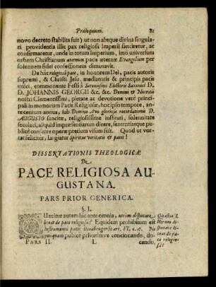Dissertationis Theologicae De Pace Religiosa Augustana. Pars Prior Generica.
