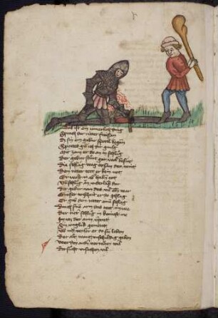 Zweikampf zwischen einem Ritter mit Schwert und einem Mann mit Knüppel; (Von einem Amtmann und einem Ritter, Kapitel LXII nach Pfeiffer)
