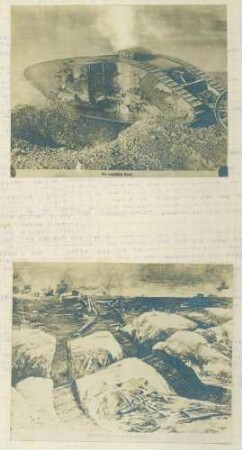 Fotos eines englischen Tanks im Feld sowie einer Tank-Fahrspur in Nordfrankreich (2 gedruckte Fotos)