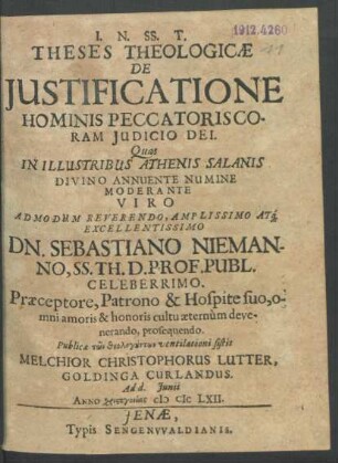 Theses Theologicae De Iustificatione Hominis Peccatoris Coram Iudicio Dei