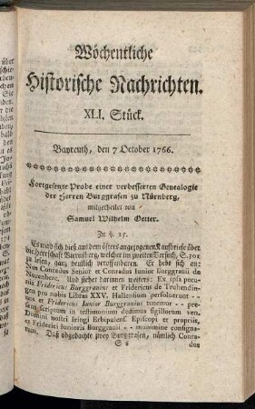 XLI. Stück. Bayreuth, den 7. October 1766.