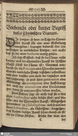 Vorbericht oder kurtzer Begriff diese Chymischen Tractats