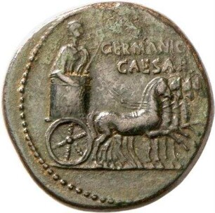 Dupondius des Caligula mit Darstellung der Erfolge des Germanicus